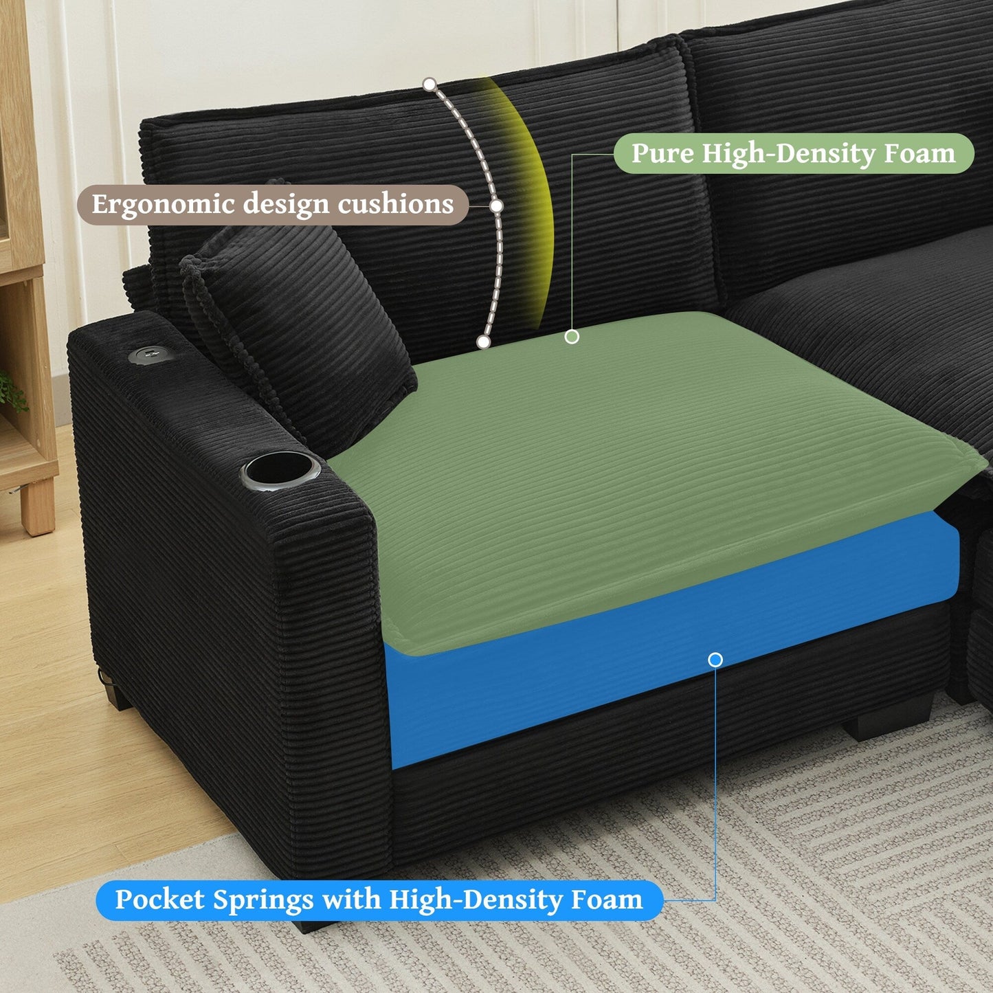 L Shape Sofa Couch with USB & Cup Holders, Corduroy Stripe Fabric 3 Seater Sofa with 1 Ottoman, Black