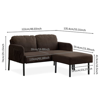 L-Shaped 2 Seater Sofa with Ottoman, Modern Polyester Fabric Loveseat Sofa, Comfy Small Couches for Small Space