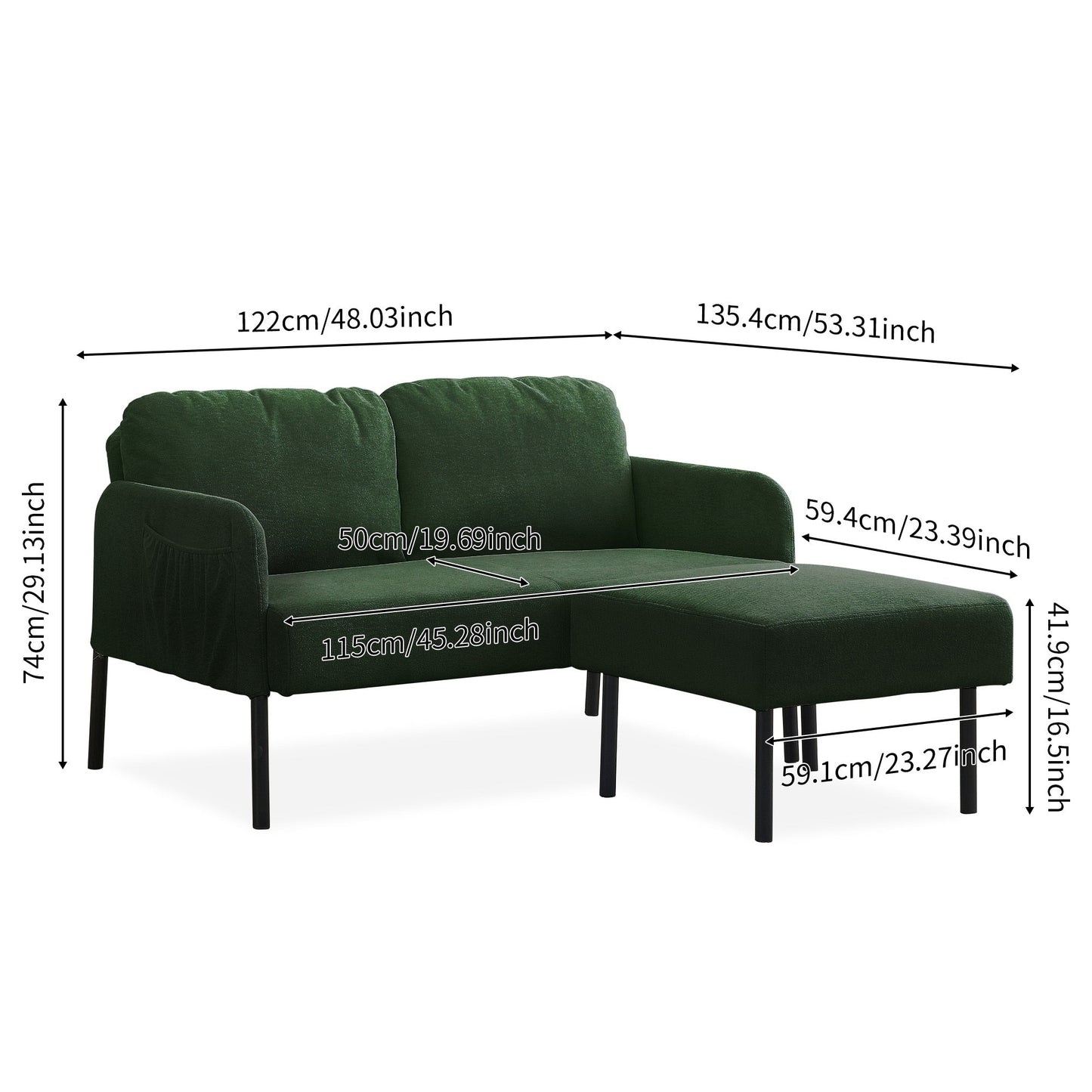 L-Shaped 2 Seater Sofa with Ottoman, Modern Polyester Fabric Loveseat Sofa, Comfy Small Couches for Small Space