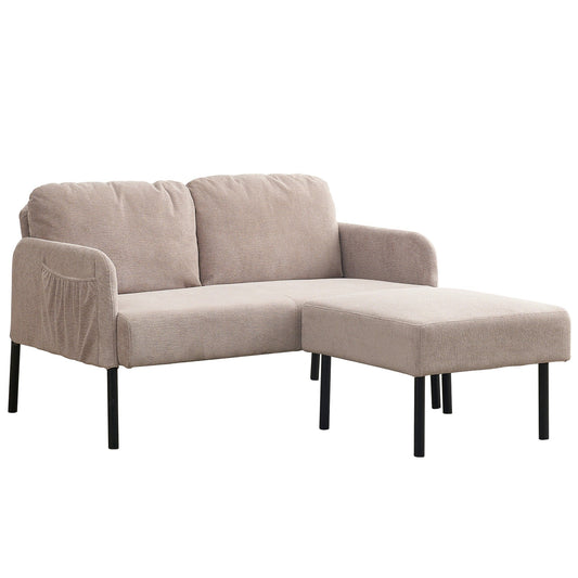 L-Shaped 2 Seater Sofa with Ottoman, Modern Polyester Fabric Loveseat Sofa, Comfy Small Couches for Small Space