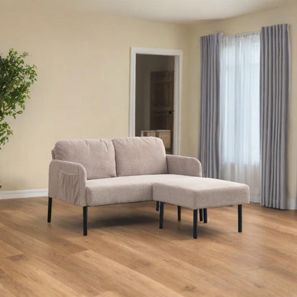 L-Shaped 2 Seater Sofa with Ottoman, Modern Polyester Fabric Loveseat Sofa, Comfy Small Couches for Small Space