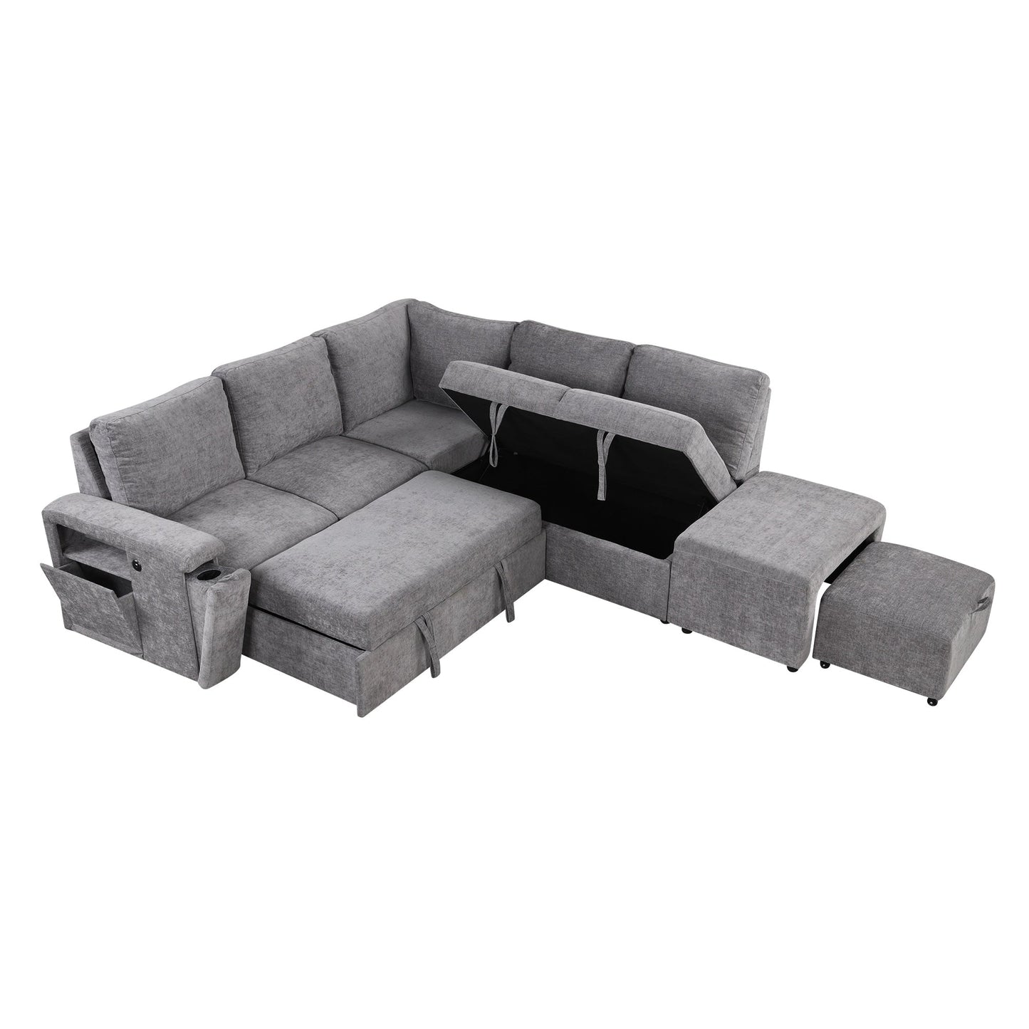 L-Shaped 5-Seat Sectional Sofa with Pull-Out Ottoman, Built-In Cup Holders, USB Charging Port and Removable Cushions