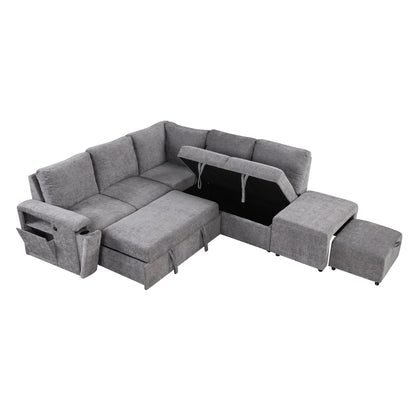 L-Shaped 5-Seat Sectional Sofa with Pull-Out Ottoman, Built-In Cup Holders, USB Charging Port and Removable Cushions