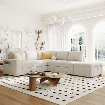 L-Shaped 5-Seat Sectional Sofa with Pull-Out Ottoman, Built-In Cup Holders, USB Charging Port and Removable Cushions