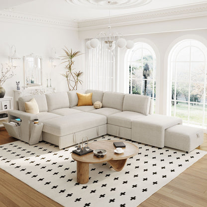 L-Shaped 5-Seat Sectional Sofa with Pull-Out Ottoman, Built-In Cup Holders, USB Charging Port and Removable Cushions