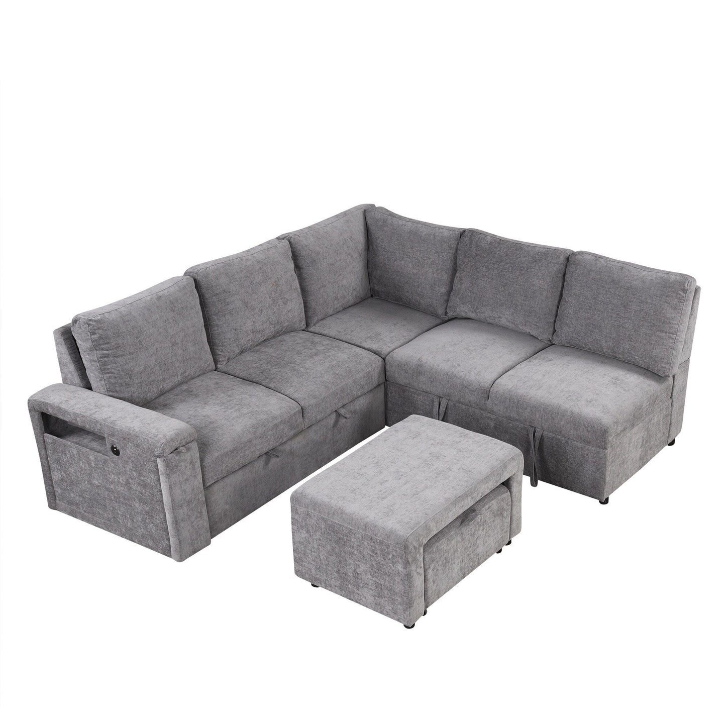 L-Shaped 5-Seat Sectional Sofa with Pull-Out Ottoman, Built-In Cup Holders, USB Charging Port and Removable Cushions