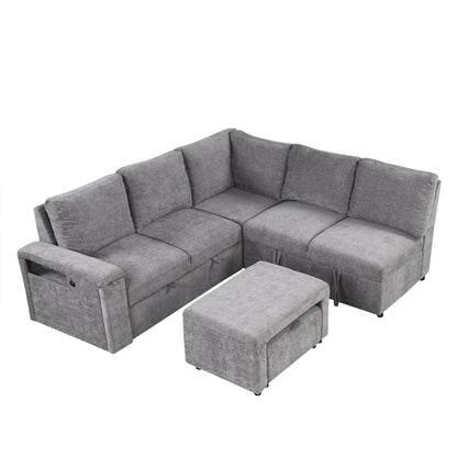 L-Shaped 5-Seat Sectional Sofa with Pull-Out Ottoman, Built-In Cup Holders, USB Charging Port and Removable Cushions
