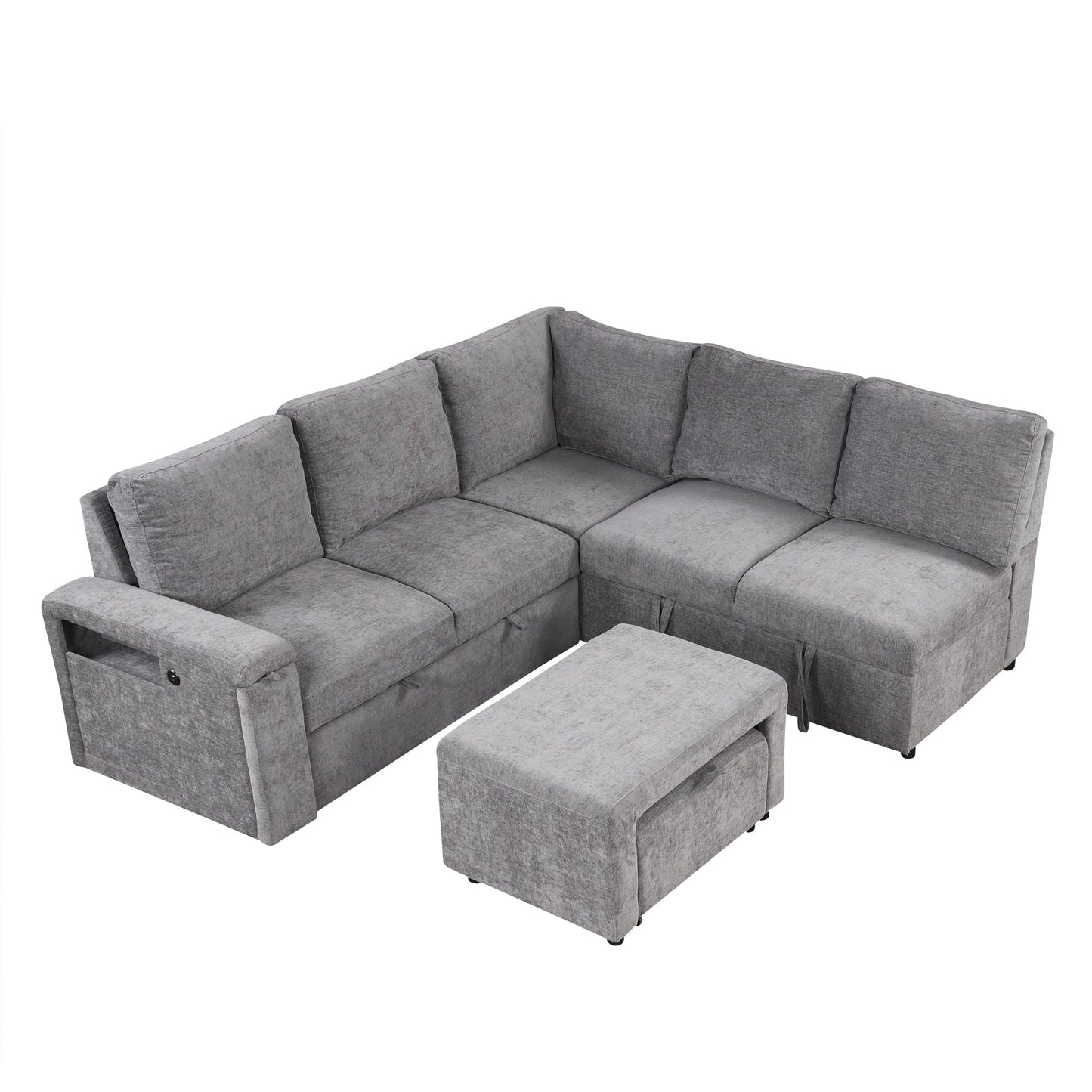 L-Shaped 5-Seat Sectional Sofa with Pull-Out Ottoman, Built-In Cup Holders, USB Charging Port and Removable Cushions