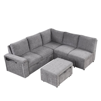L-Shaped 5-Seat Sectional Sofa with Pull-Out Ottoman, Built-In Cup Holders, USB Charging Port and Removable Cushions