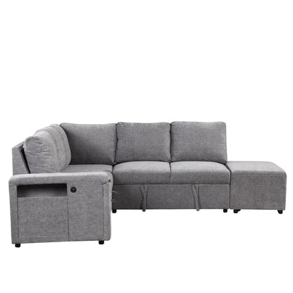 L-Shaped 5-Seat Sectional Sofa with Pull-Out Ottoman, Built-In Cup Holders, USB Charging Port and Removable Cushions