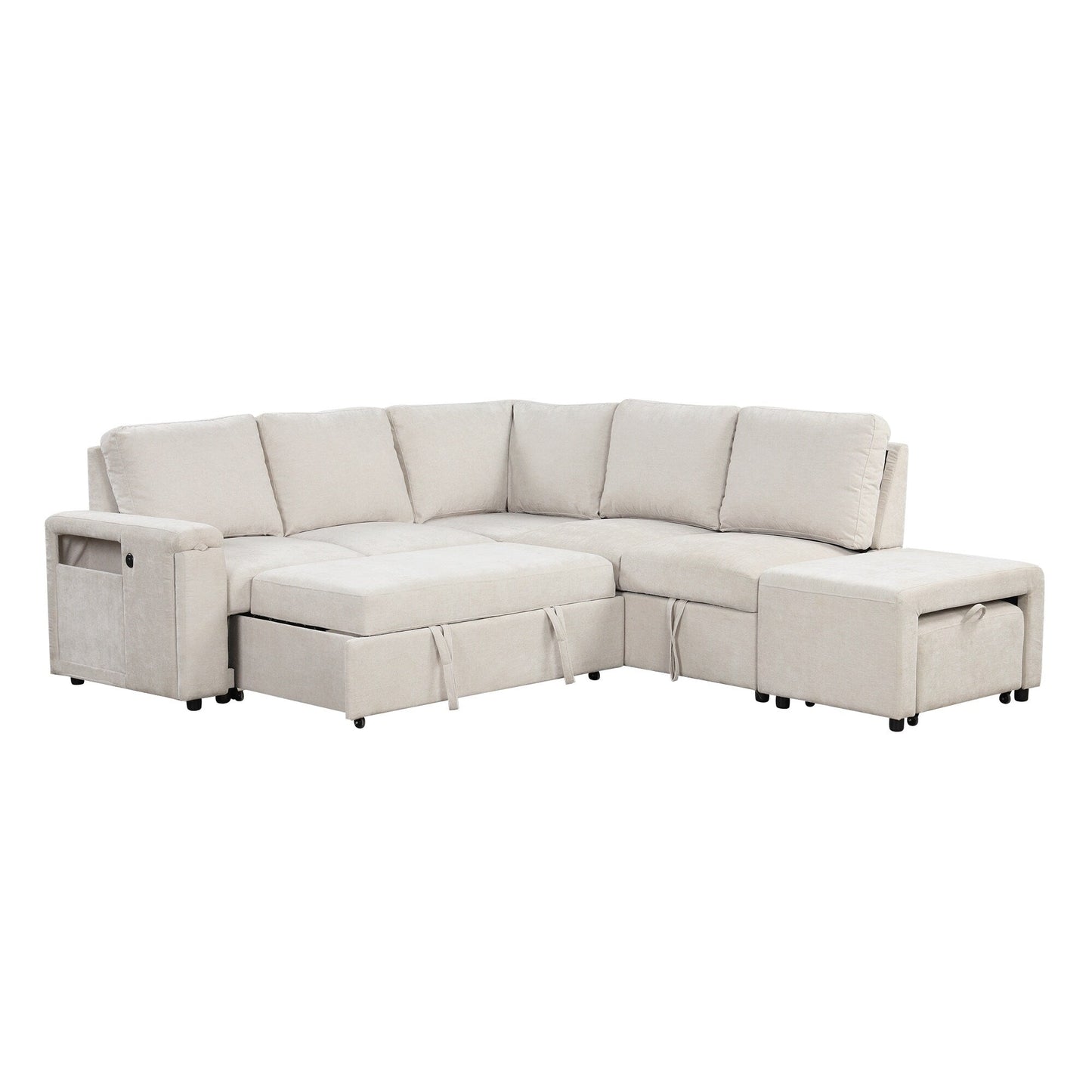 L-Shaped 5-Seat Sectional Sofa with Pull-Out Ottoman, Built-In Cup Holders, USB Charging Port and Removable Cushions