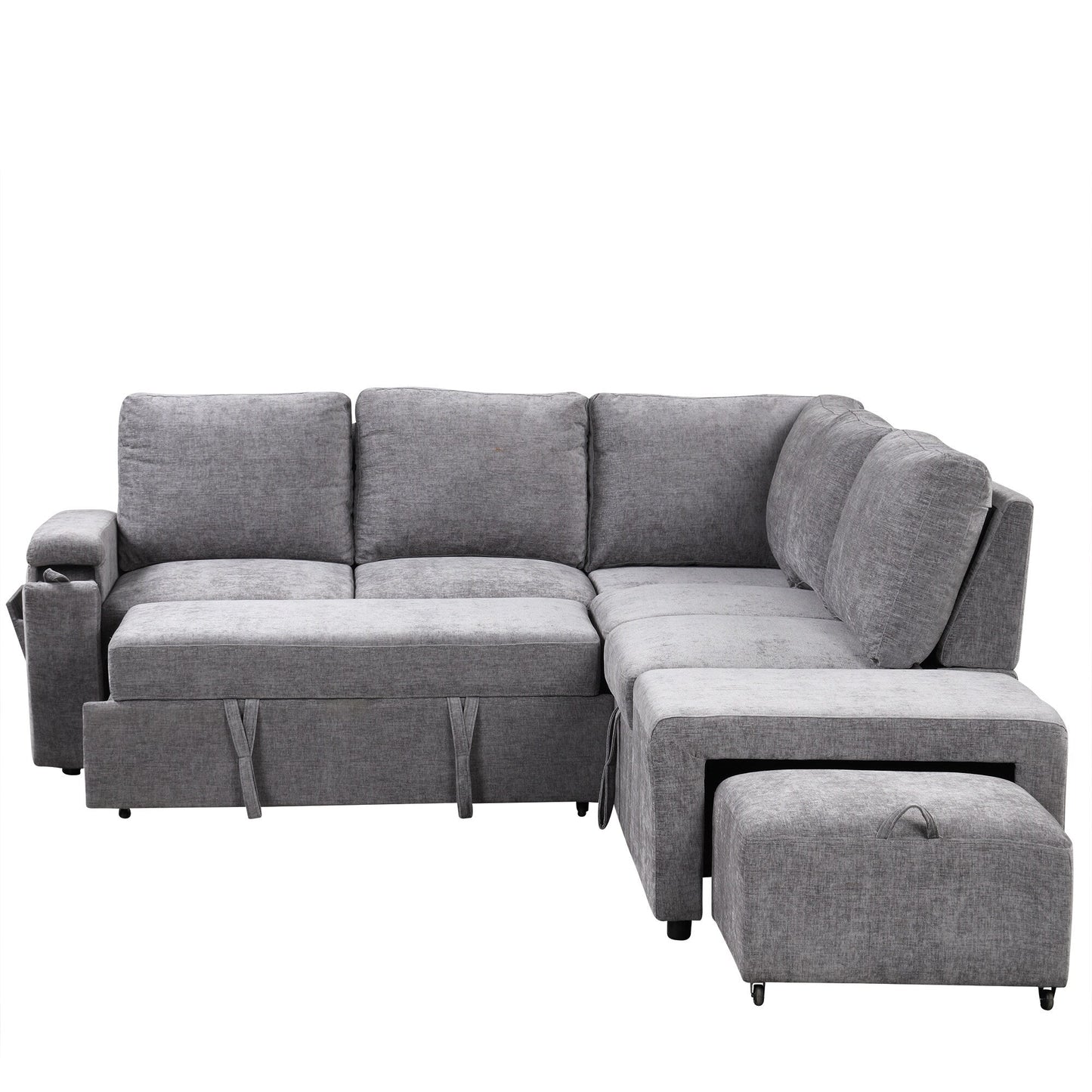 L-Shaped 5-Seat Sectional Sofa with Pull-Out Ottoman, Built-In Cup Holders, USB Charging Port and Removable Cushions