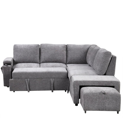 L-Shaped 5-Seat Sectional Sofa with Pull-Out Ottoman, Built-In Cup Holders, USB Charging Port and Removable Cushions