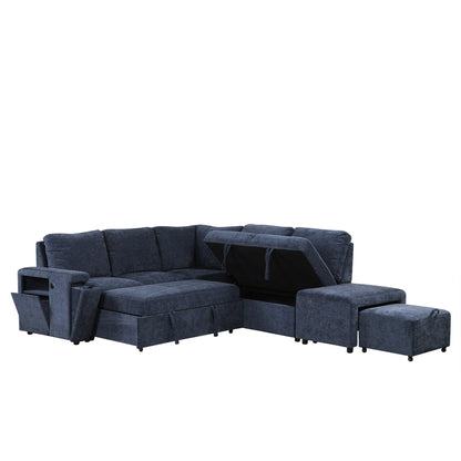 L-Shaped 5-Seat Sectional Sofa with Pull-Out Ottoman, Built-In Cup Holders, USB Charging Port and Removable Cushions