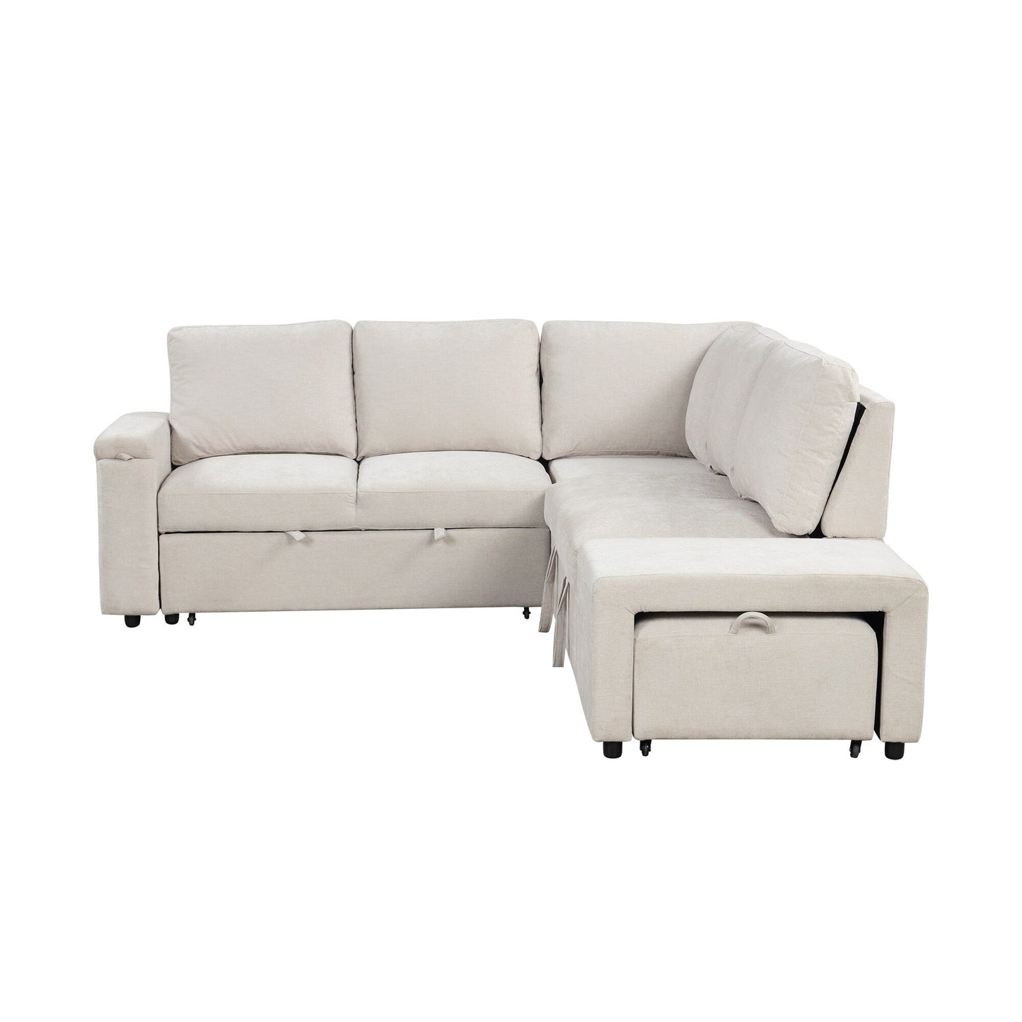 L-Shaped 5-Seat Sectional Sofa with Pull-Out Ottoman, Built-In Cup Holders, USB Charging Port and Removable Cushions