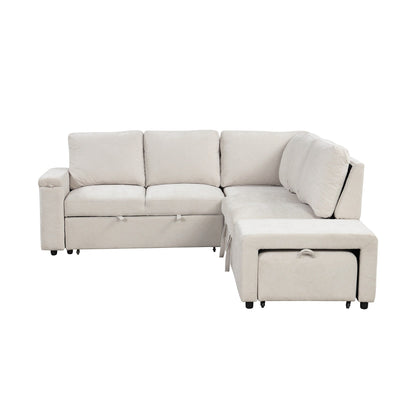 L-Shaped 5-Seat Sectional Sofa with Pull-Out Ottoman, Built-In Cup Holders, USB Charging Port and Removable Cushions