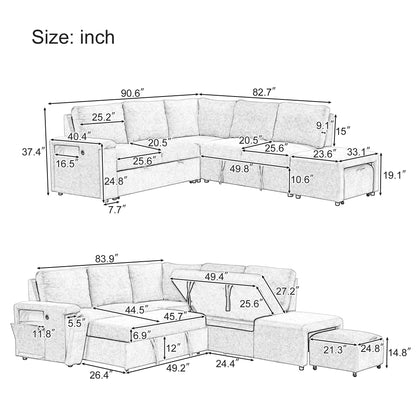 L-Shaped 5-Seat Sectional Sofa with Pull-Out Ottoman, Built-In Cup Holders, USB Charging Port and Removable Cushions