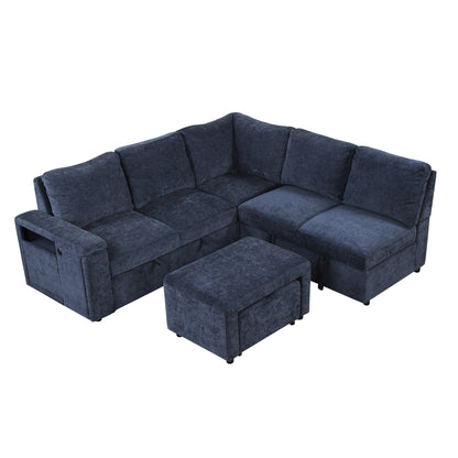 L-Shaped 5-Seat Sectional Sofa with Pull-Out Ottoman, Built-In Cup Holders, USB Charging Port and Removable Cushions