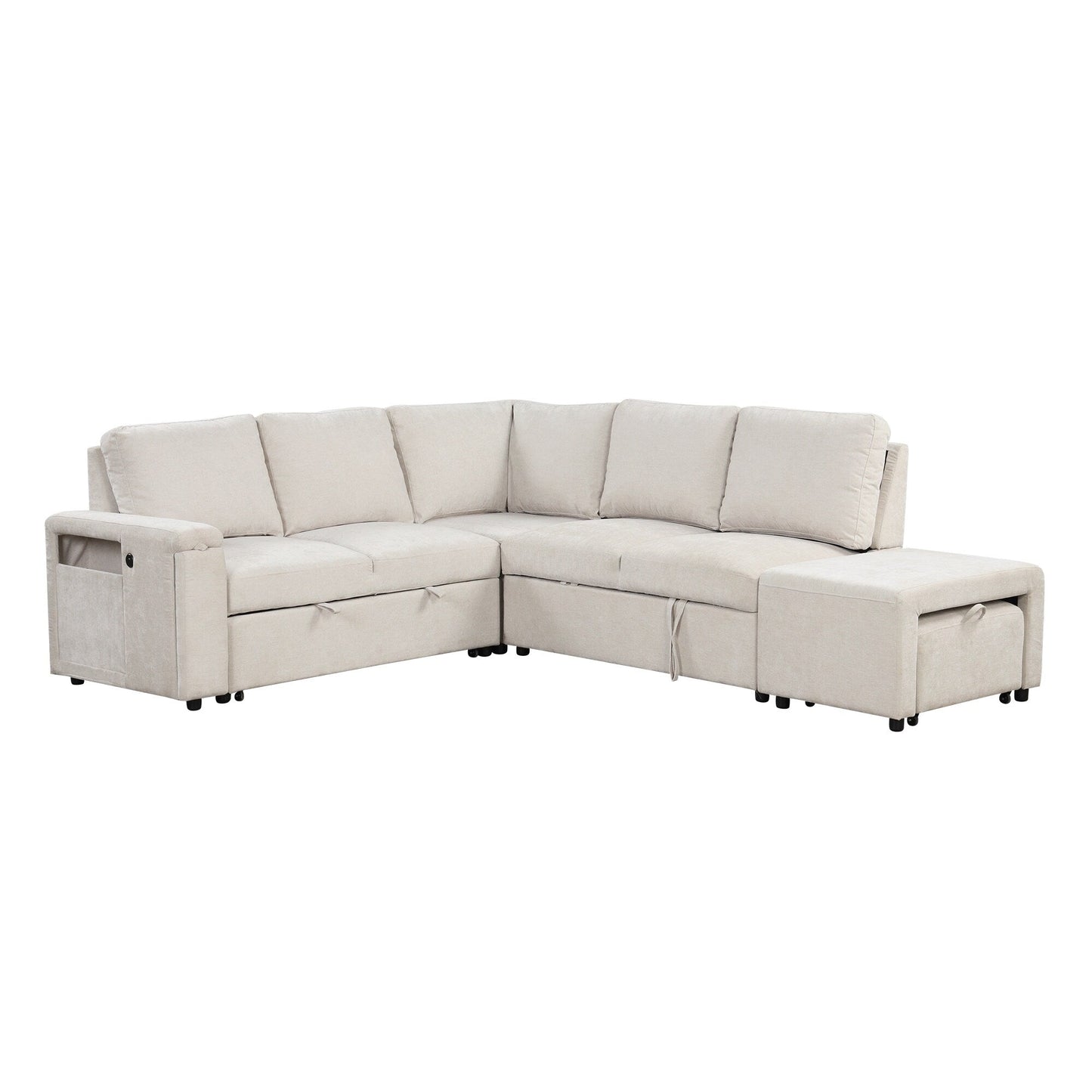 L-Shaped 5-Seat Sectional Sofa with Pull-Out Ottoman, Built-In Cup Holders, USB Charging Port and Removable Cushions