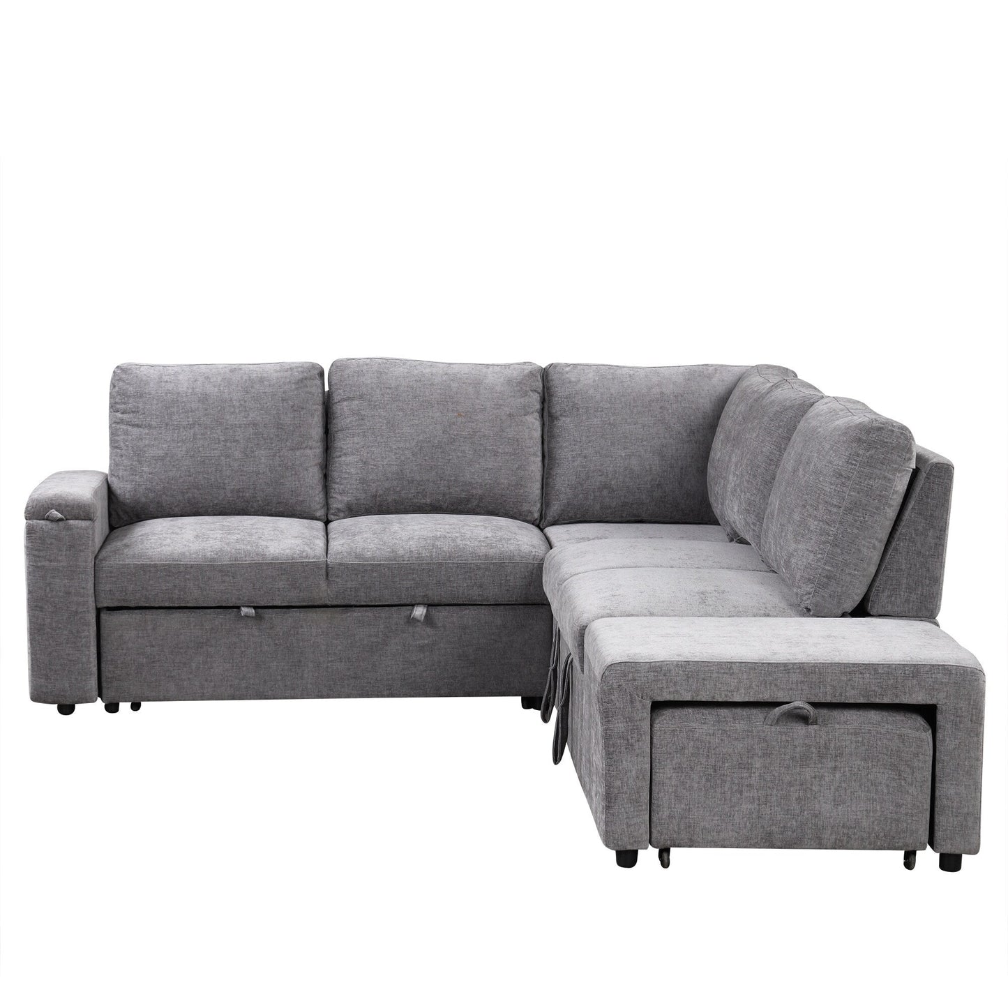 L-Shaped 5-Seat Sectional Sofa with Pull-Out Ottoman, Built-In Cup Holders, USB Charging Port and Removable Cushions
