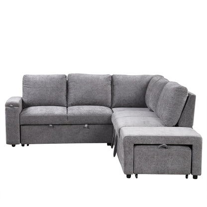L-Shaped 5-Seat Sectional Sofa with Pull-Out Ottoman, Built-In Cup Holders, USB Charging Port and Removable Cushions