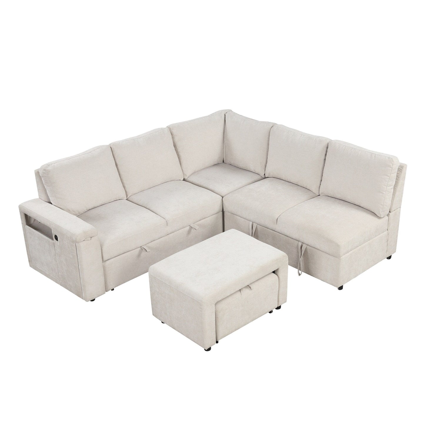 L-Shaped 5-Seat Sectional Sofa with Pull-Out Ottoman, Built-In Cup Holders, USB Charging Port and Removable Cushions