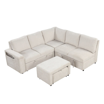 L-Shaped 5-Seat Sectional Sofa with Pull-Out Ottoman, Built-In Cup Holders, USB Charging Port and Removable Cushions