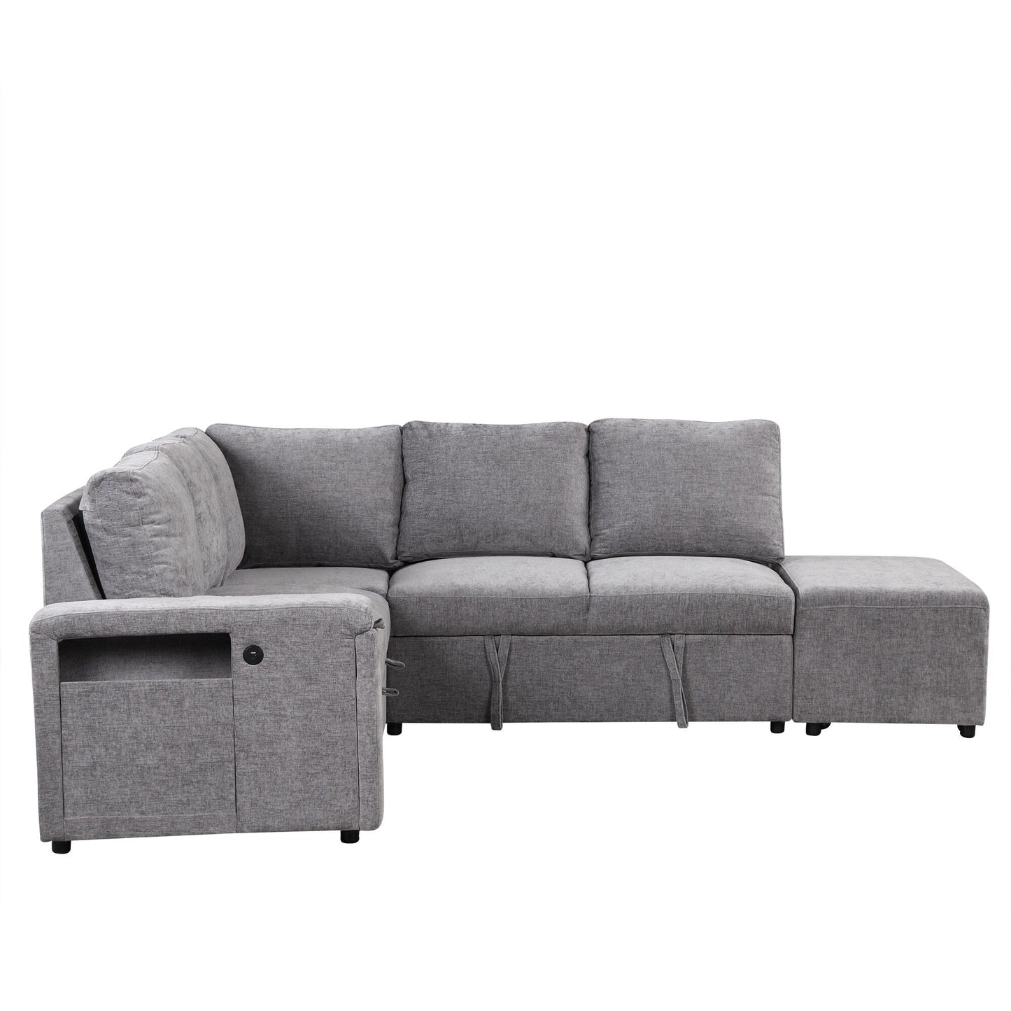 L-Shaped 5-Seat Sectional Sofa with Pull-Out Ottoman, Built-In Cup Holders, USB Charging Port and Removable Cushions