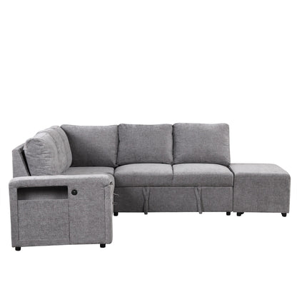 L-Shaped 5-Seat Sectional Sofa with Pull-Out Ottoman, Built-In Cup Holders, USB Charging Port and Removable Cushions