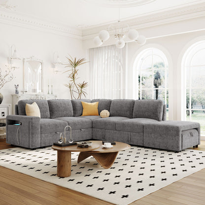 L-Shaped 5-Seat Sectional Sofa with Pull-Out Ottoman, Built-In Cup Holders, USB Charging Port and Removable Cushions