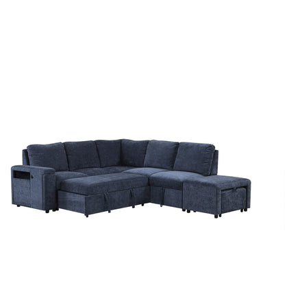 L-Shaped 5-Seat Sectional Sofa with Pull-Out Ottoman, Built-In Cup Holders, USB Charging Port and Removable Cushions