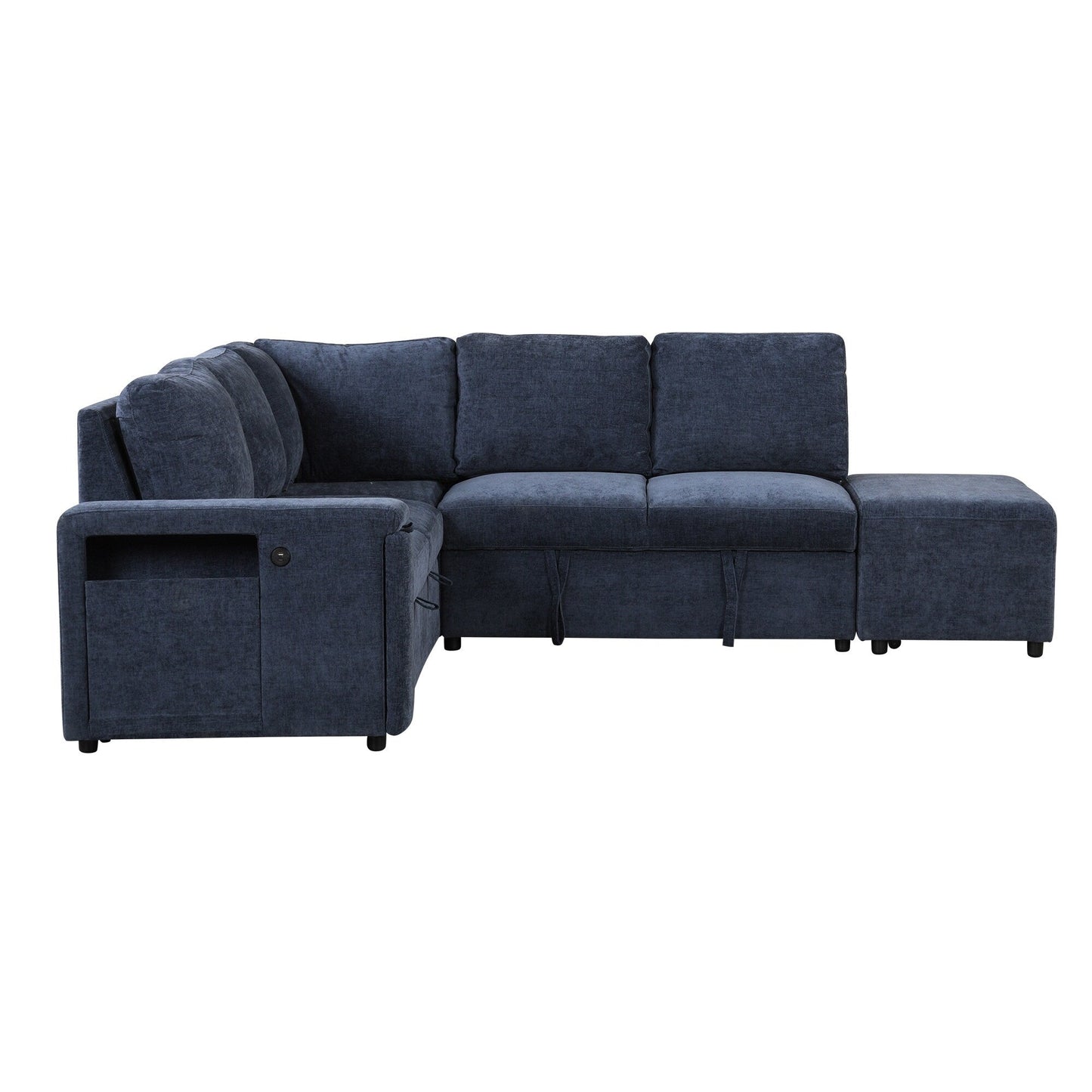 L-Shaped 5-Seat Sectional Sofa with Pull-Out Ottoman, Built-In Cup Holders, USB Charging Port and Removable Cushions