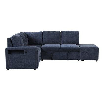 L-Shaped 5-Seat Sectional Sofa with Pull-Out Ottoman, Built-In Cup Holders, USB Charging Port and Removable Cushions