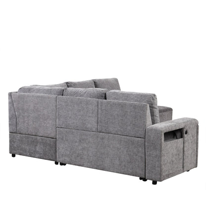 L-Shaped 5-Seat Sectional Sofa with Pull-Out Ottoman, Built-In Cup Holders, USB Charging Port and Removable Cushions