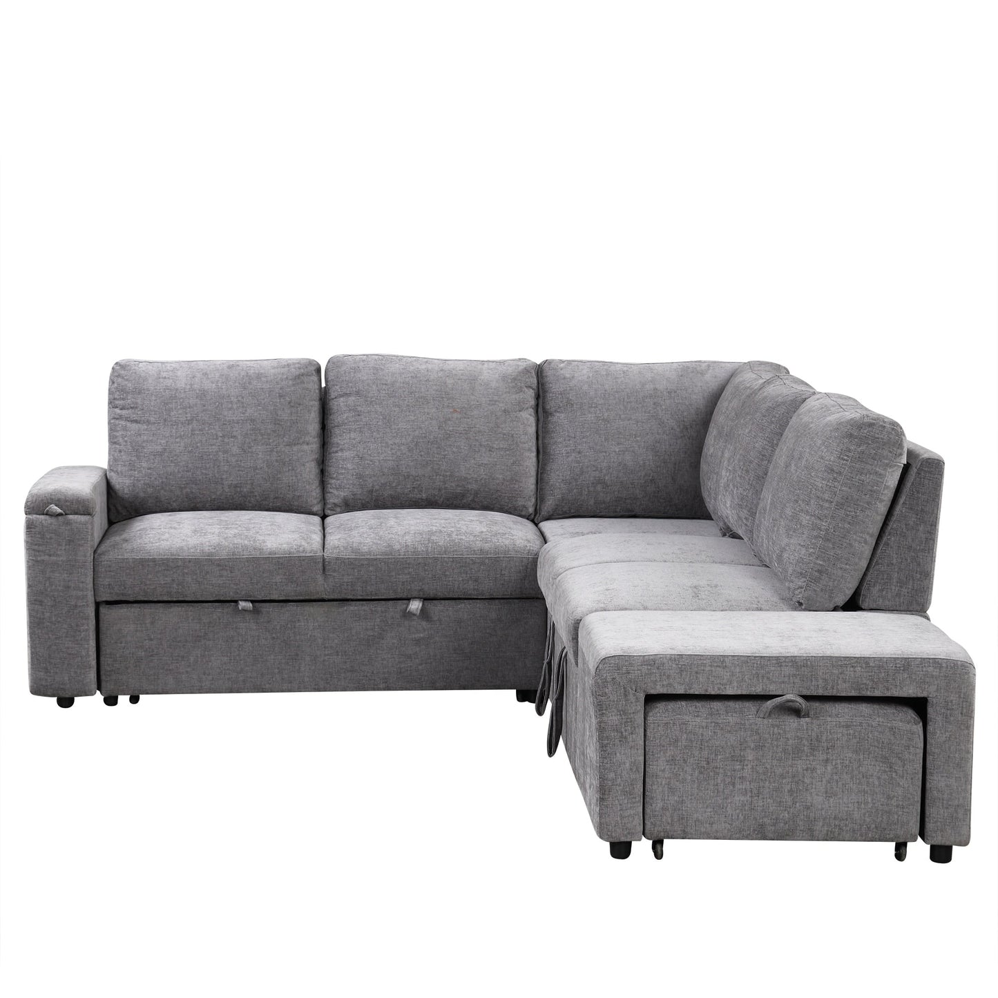 L-Shaped 5-Seat Sectional Sofa with Pull-Out Ottoman, Built-In Cup Holders, USB Charging Port and Removable Cushions