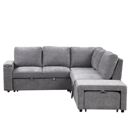 L-Shaped 5-Seat Sectional Sofa with Pull-Out Ottoman, Built-In Cup Holders, USB Charging Port and Removable Cushions