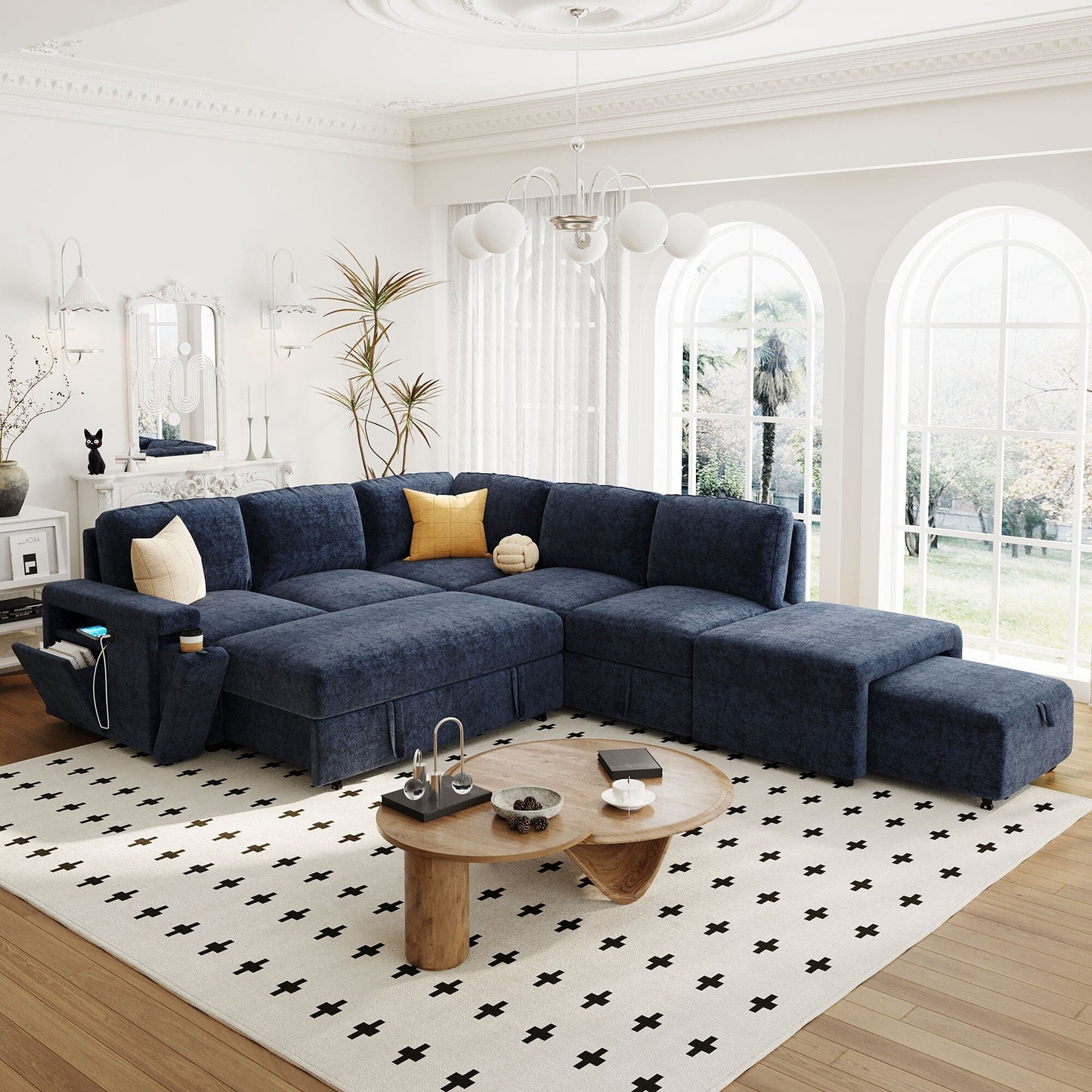 L-Shaped 5-Seat Sectional Sofa with Pull-Out Ottoman, Built-In Cup Holders, USB Charging Port and Removable Cushions