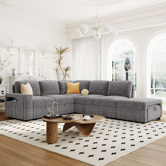 L-Shaped 5-Seat Sectional Sofa with Pull-Out Ottoman, Built-In Cup Holders, USB Charging Port and Removable Cushions