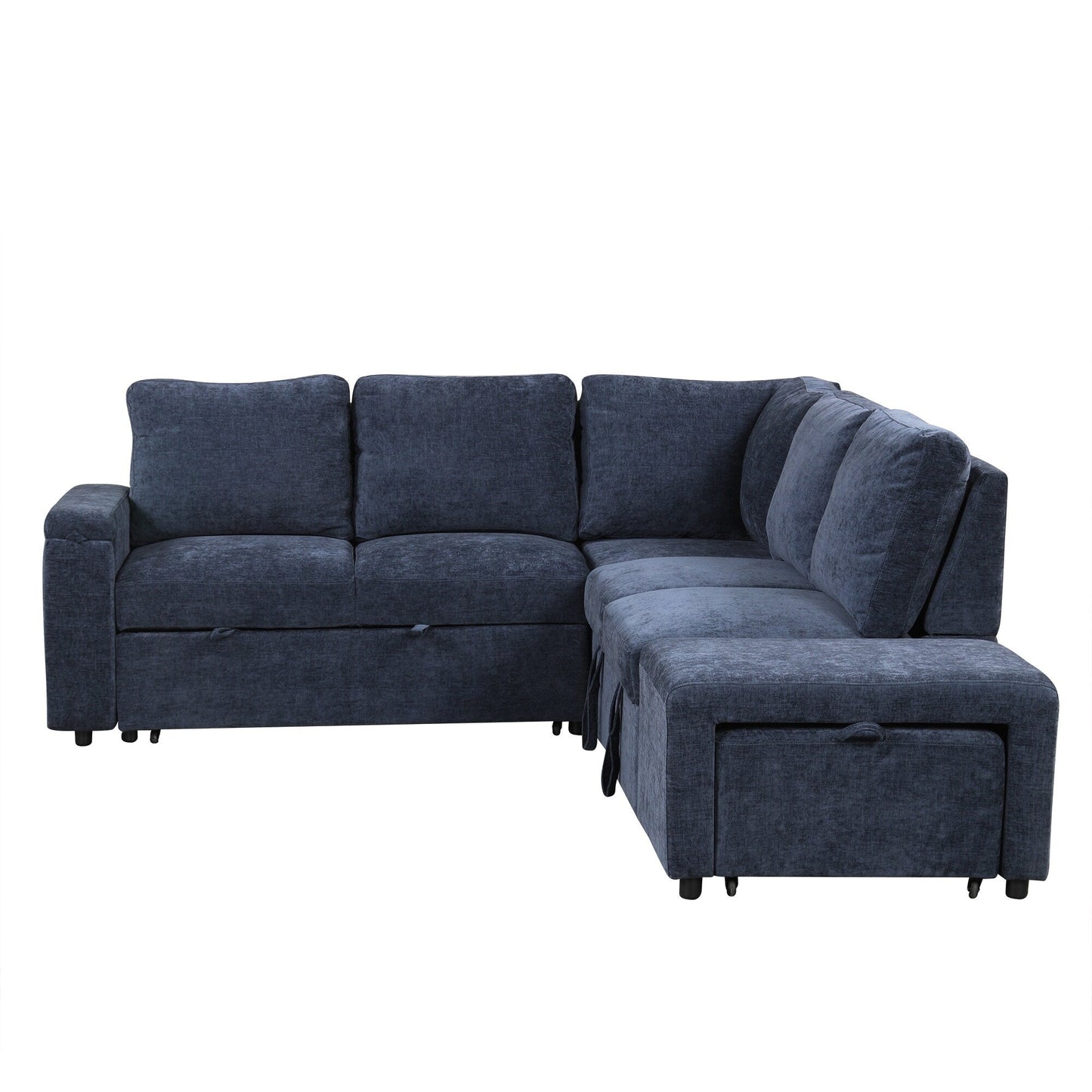 L-Shaped 5-Seat Sectional Sofa with Pull-Out Ottoman, Built-In Cup Holders, USB Charging Port and Removable Cushions
