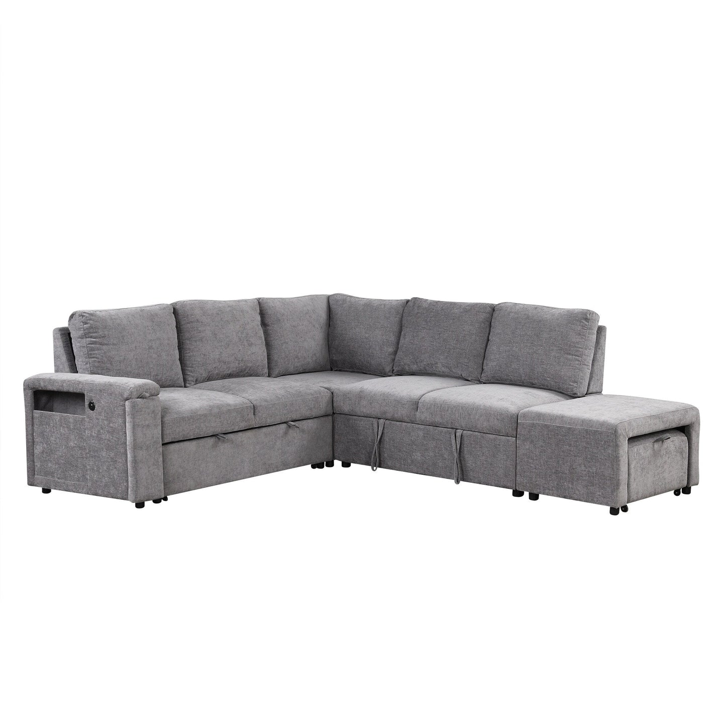 L-Shaped 5-Seat Sectional Sofa with Pull-Out Ottoman, Built-In Cup Holders, USB Charging Port and Removable Cushions