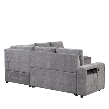L-Shaped 5-Seat Sectional Sofa with Pull-Out Ottoman, Built-In Cup Holders, USB Charging Port and Removable Cushions