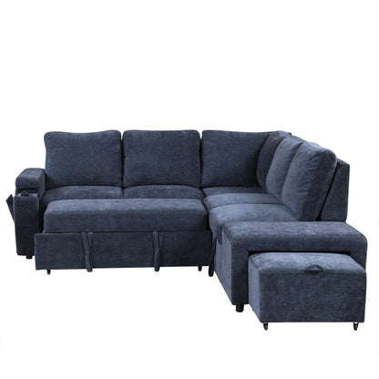 L-Shaped 5-Seat Sectional Sofa with Pull-Out Ottoman, Built-In Cup Holders, USB Charging Port and Removable Cushions