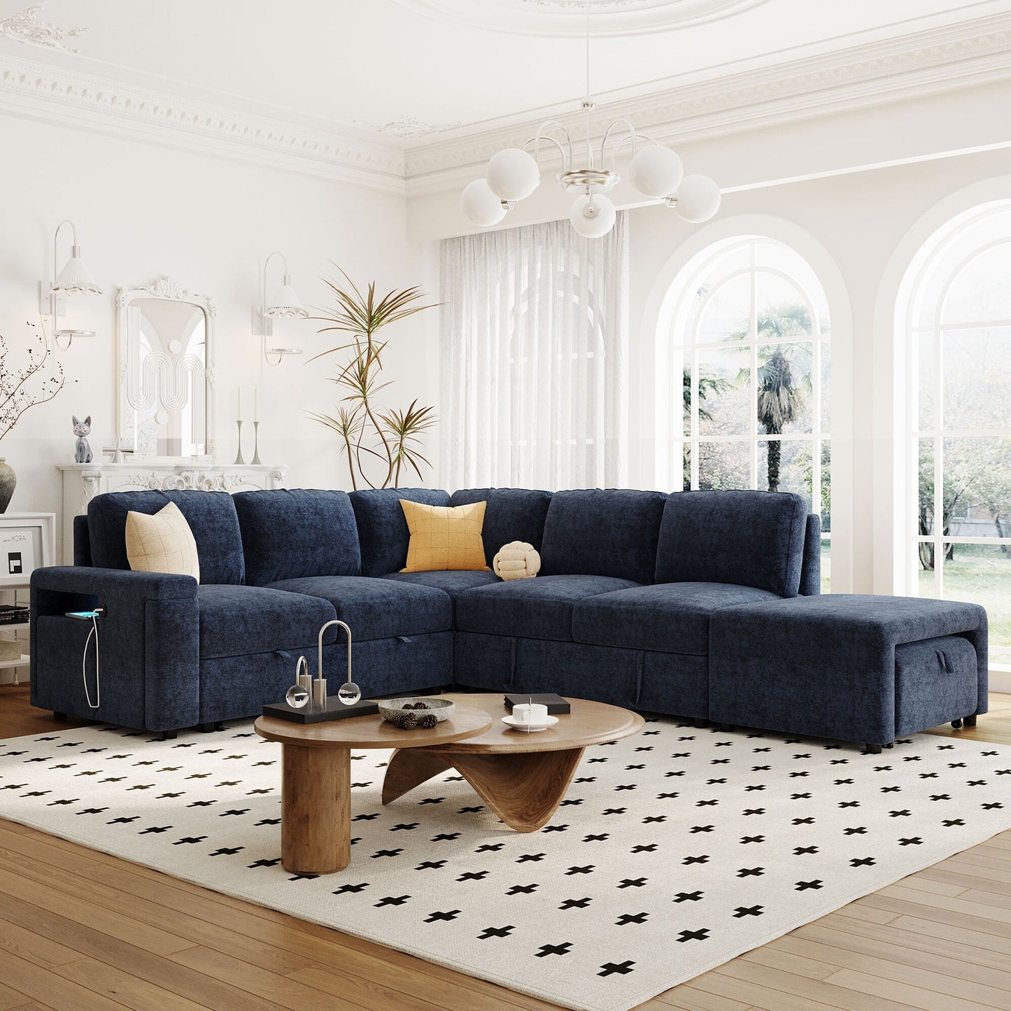 L-Shaped 5-Seat Sectional Sofa with Pull-Out Ottoman, Built-In Cup Holders, USB Charging Port and Removable Cushions