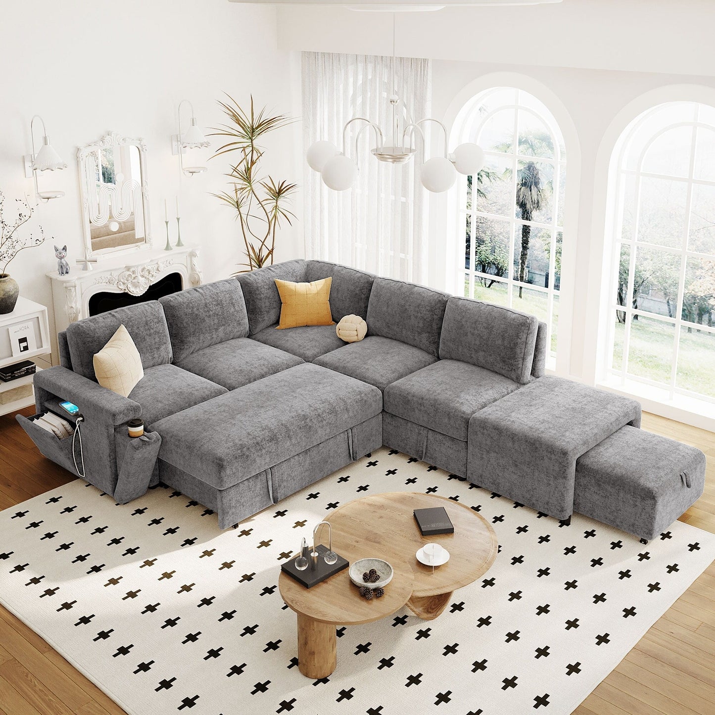 L-Shaped 5-Seat Sectional Sofa with Pull-Out Ottoman, Built-In Cup Holders, USB Charging Port and Removable Cushions