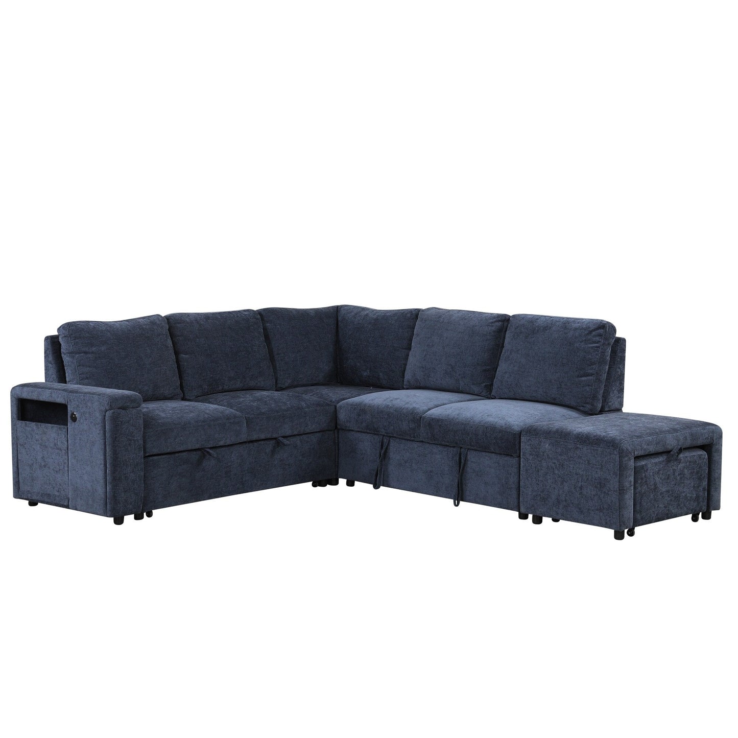 L-Shaped 5-Seat Sectional Sofa with Pull-Out Ottoman, Built-In Cup Holders, USB Charging Port and Removable Cushions