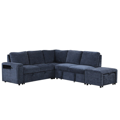 L-Shaped 5-Seat Sectional Sofa with Pull-Out Ottoman, Built-In Cup Holders, USB Charging Port and Removable Cushions