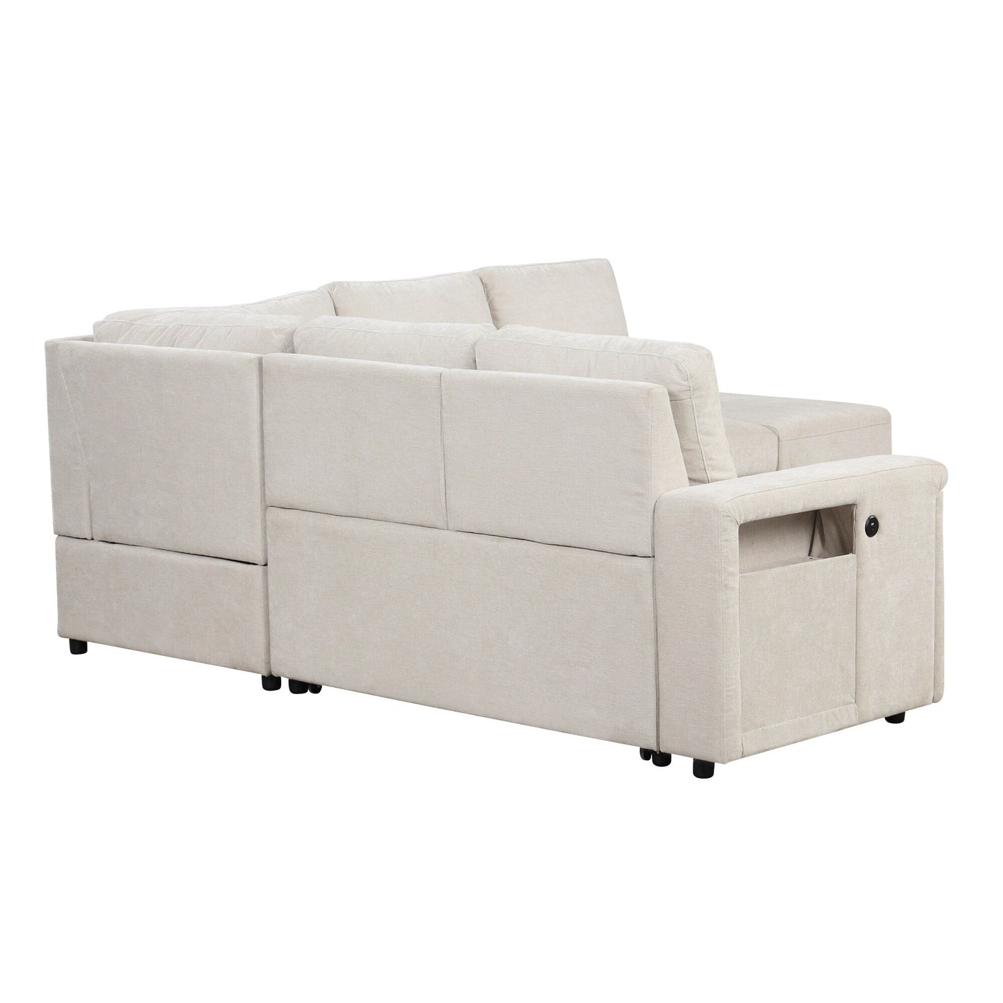 L-Shaped 5-Seat Sectional Sofa with Pull-Out Ottoman, Built-In Cup Holders, USB Charging Port and Removable Cushions