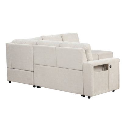 L-Shaped 5-Seat Sectional Sofa with Pull-Out Ottoman, Built-In Cup Holders, USB Charging Port and Removable Cushions