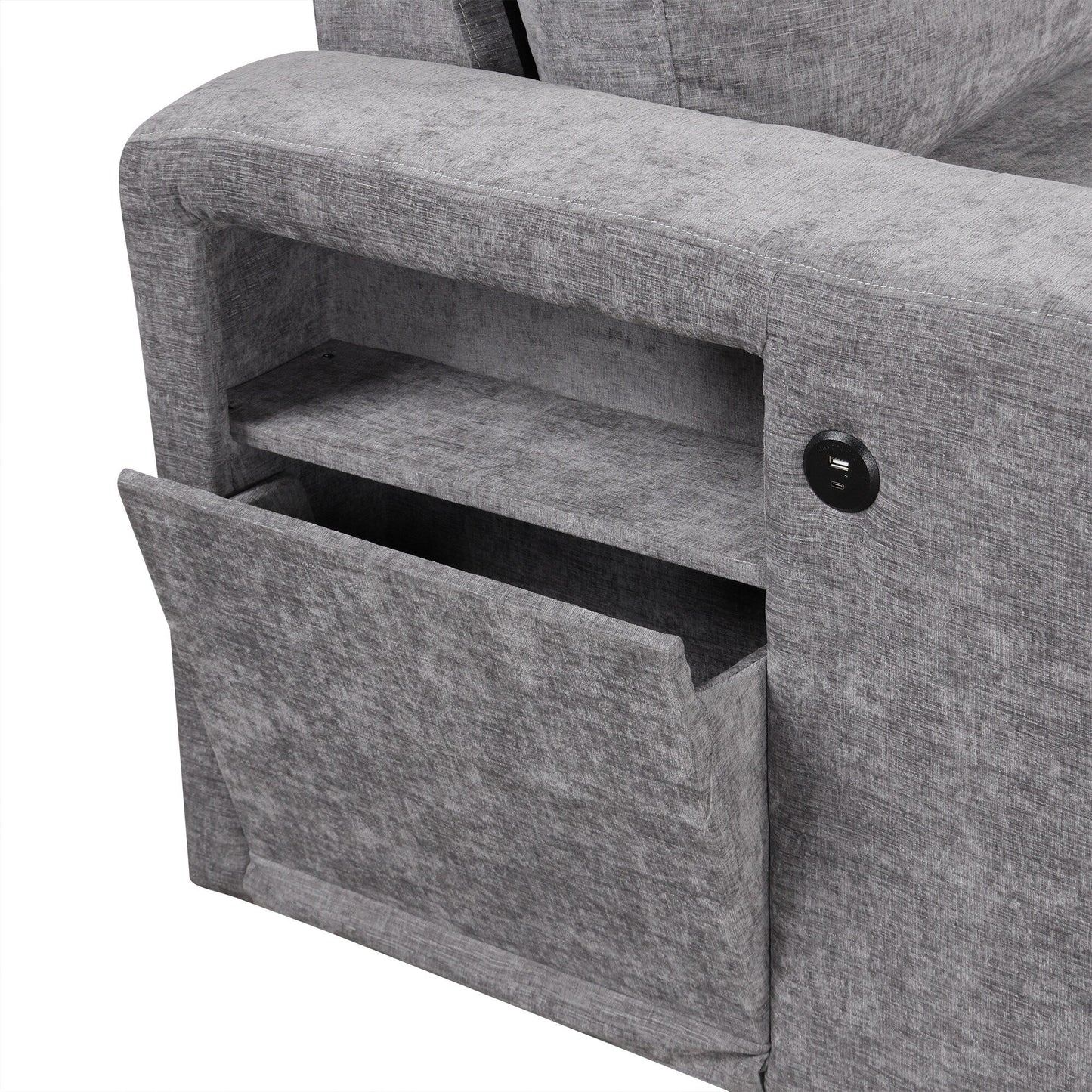 L-Shaped 5-Seat Sectional Sofa with Pull-Out Ottoman, Built-In Cup Holders, USB Charging Port and Removable Cushions