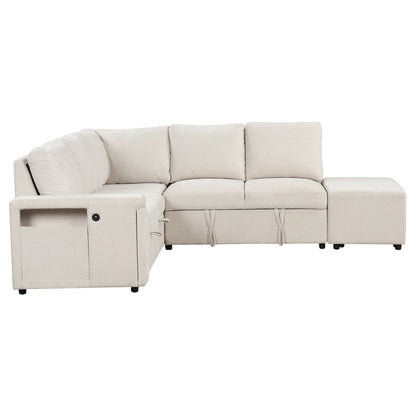 L-Shaped 5-Seat Sectional Sofa with Pull-Out Ottoman, Built-In Cup Holders, USB Charging Port and Removable Cushions